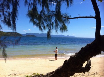 From the cottage, a view of Terence fishing on Marooning Beach